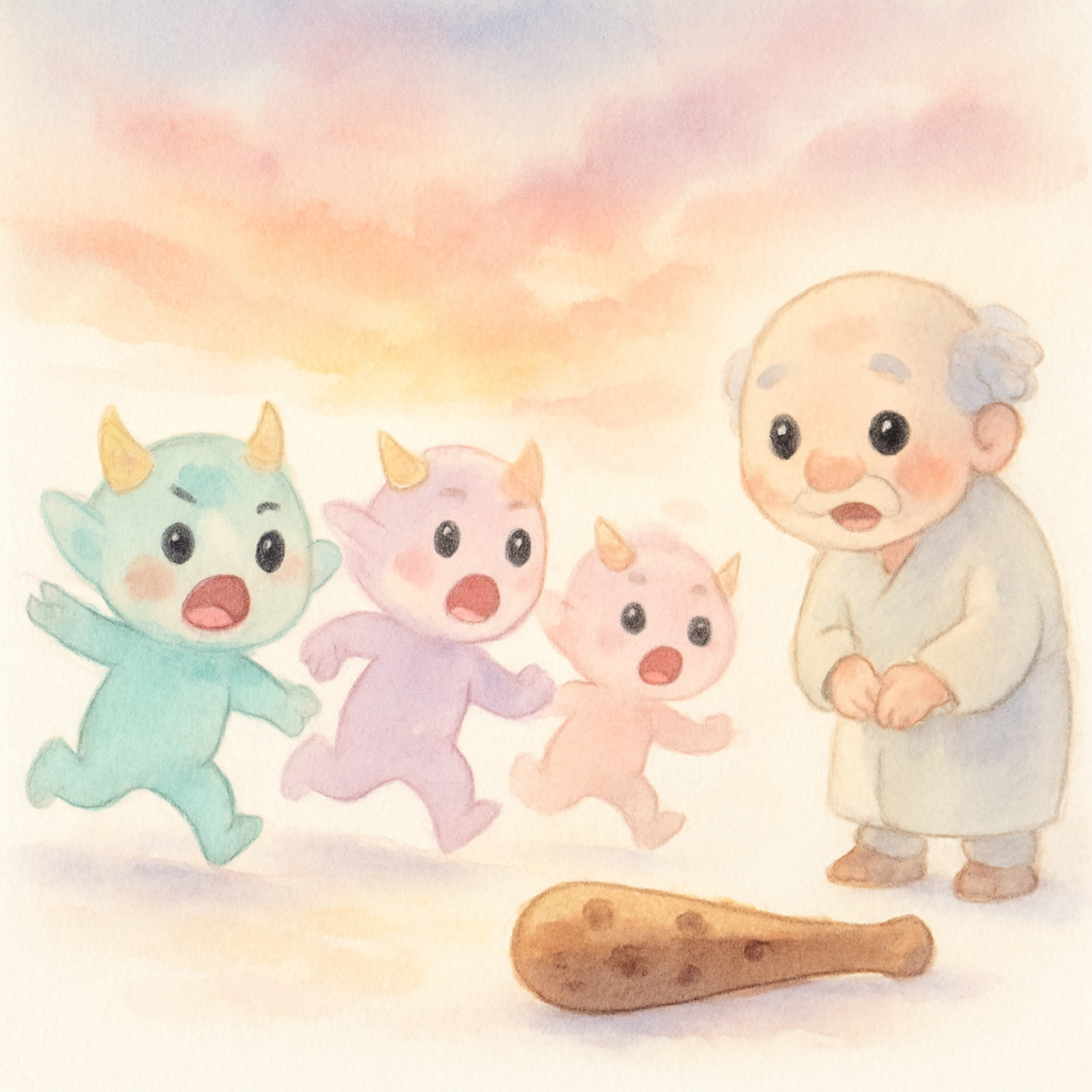 아침 해가 뜨자 놀란 도깨비들이 방망이를 두고 달아나는 장면